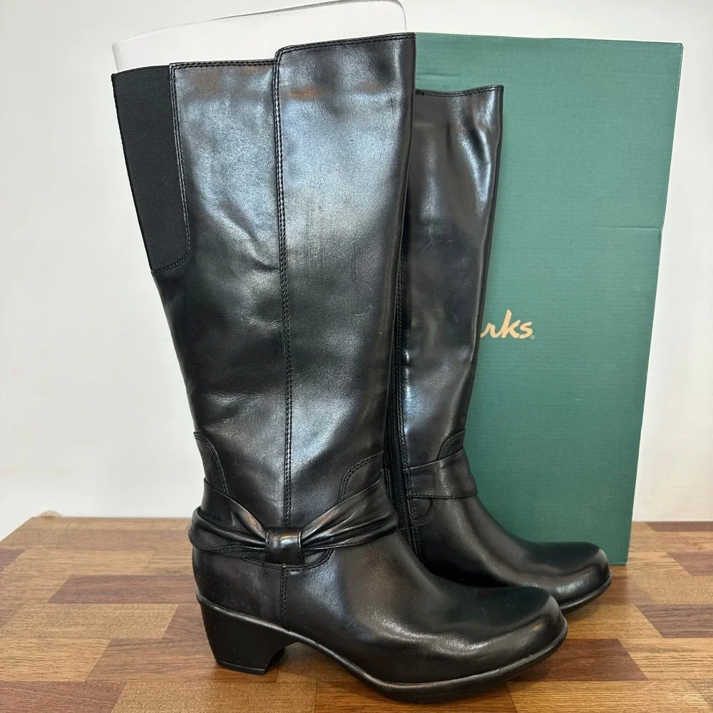 Clarks Wyld Polka 7 NEW Box Black Leather Knee High Wedge Heel Round Toe